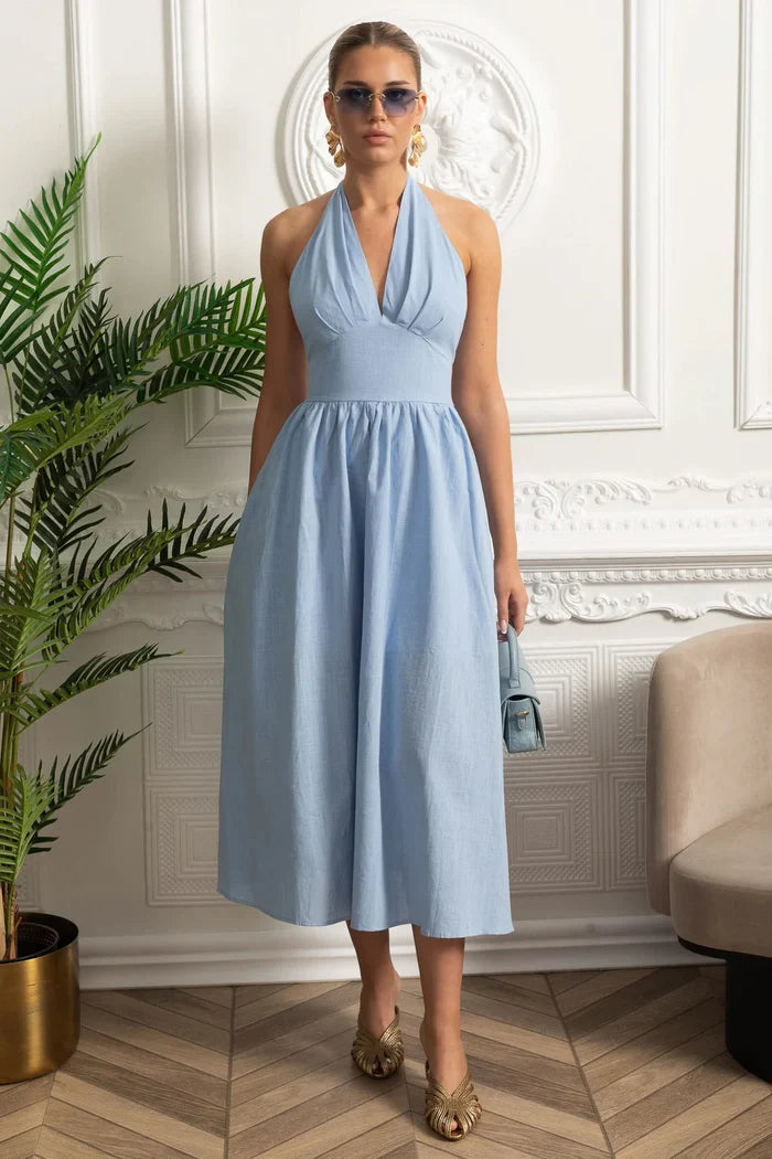 Vestido Longo em Algodão – Decote V, Alças Finas e Cintura Marcada – Estilo Oversized