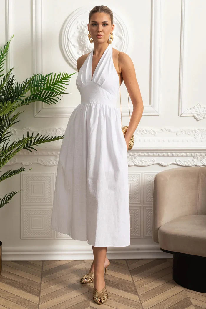 Vestido Longo em Algodão – Decote V, Alças Finas e Cintura Marcada – Estilo Oversized