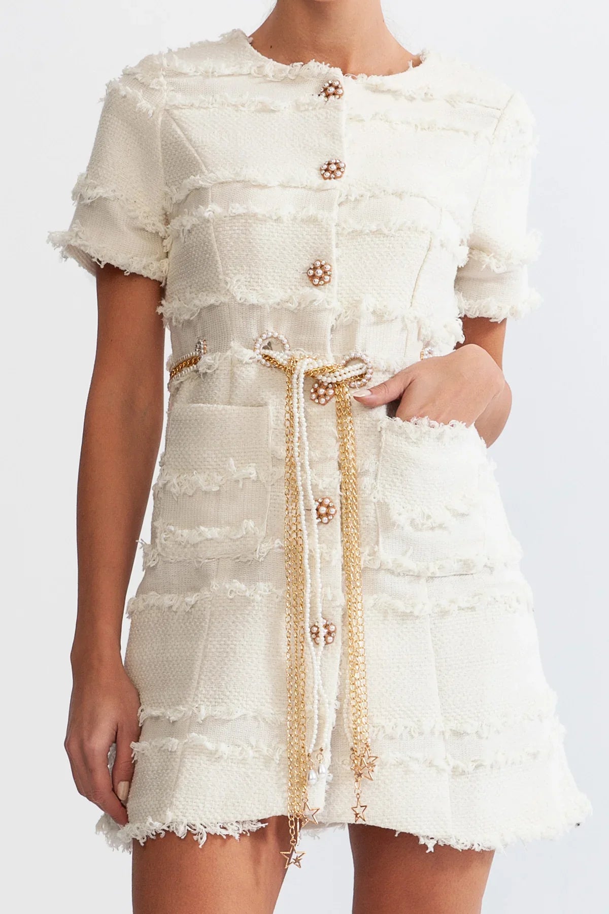 Vestido Tweed Com Cinto pérolas