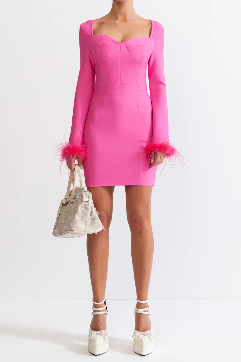 Vestido de Manga Longa com Plumas – Elegância e Sensualidade