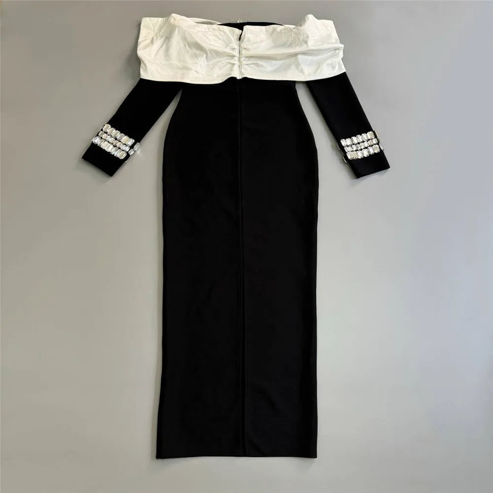 Vestido com Bordado à Mão em Pedrarias – Modelo Ombro a Ombro com Silhueta Ajustada e Elegância Artesanal