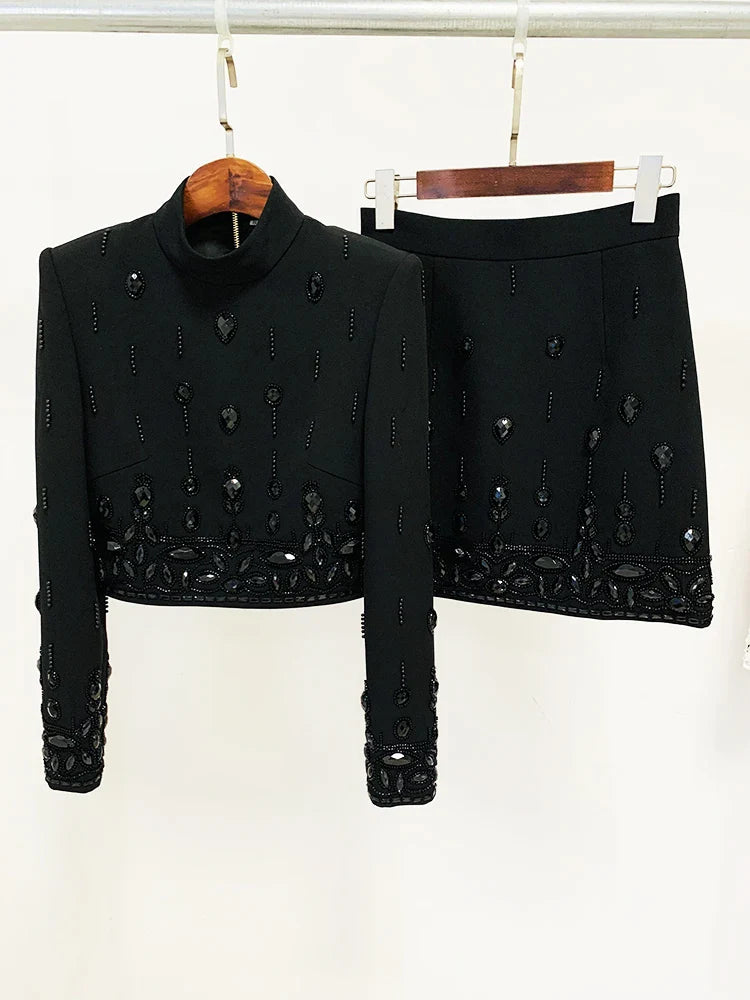 Conjunto Bordado Com cristais - Saia e Blusa gola