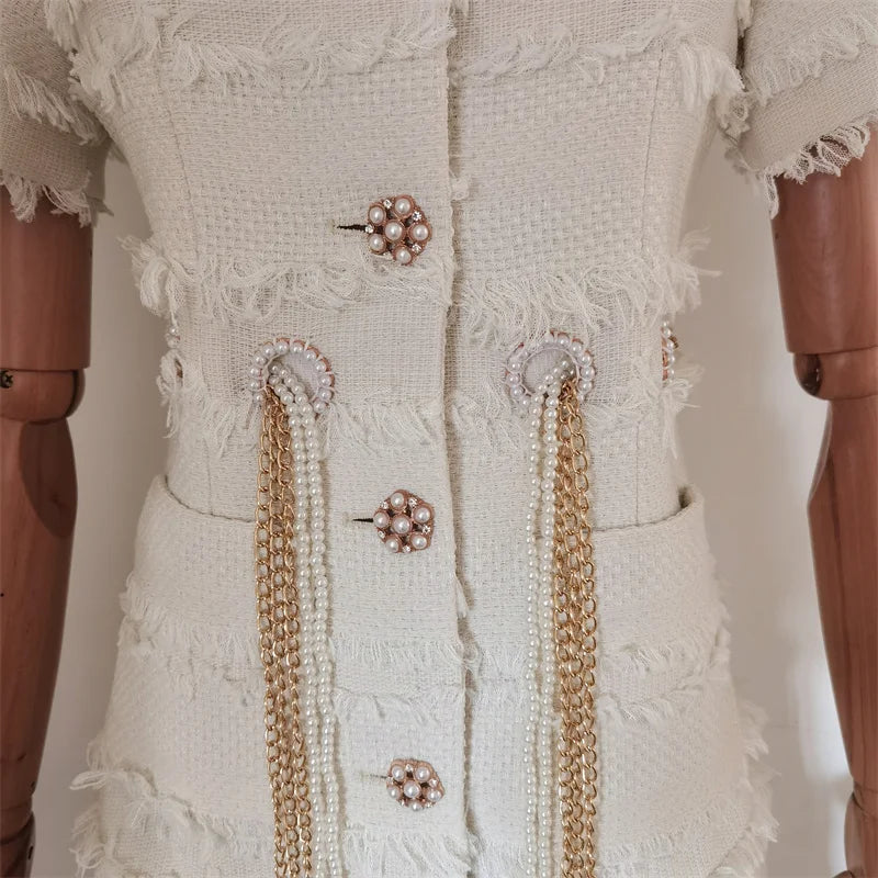 Vestido Tweed Com Cinto pérolas