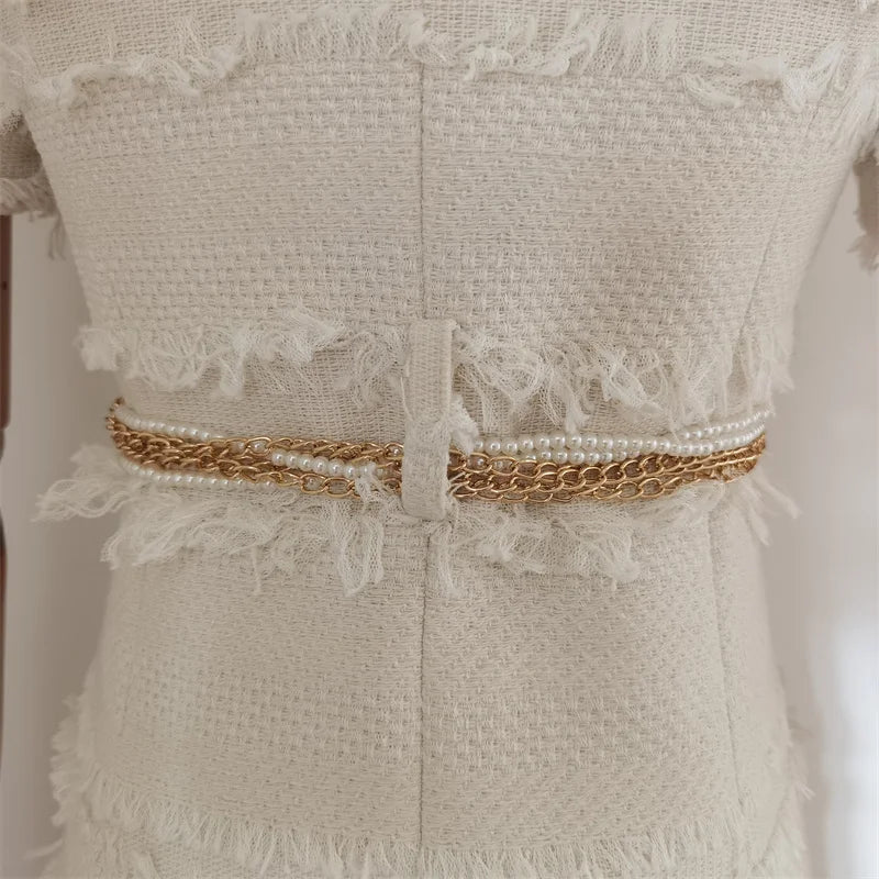 Vestido Tweed Com Cinto pérolas