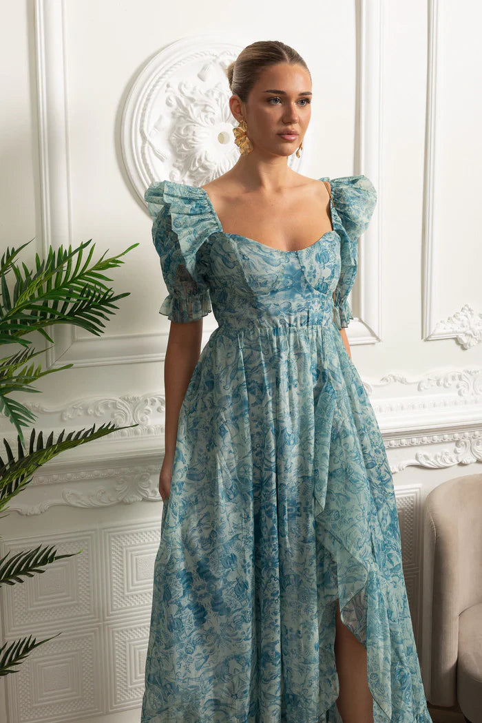 Vestido Runway – Floral Elegante com Mangas Bufantes, Babados em Camadas e Estilo Princesa para Festa