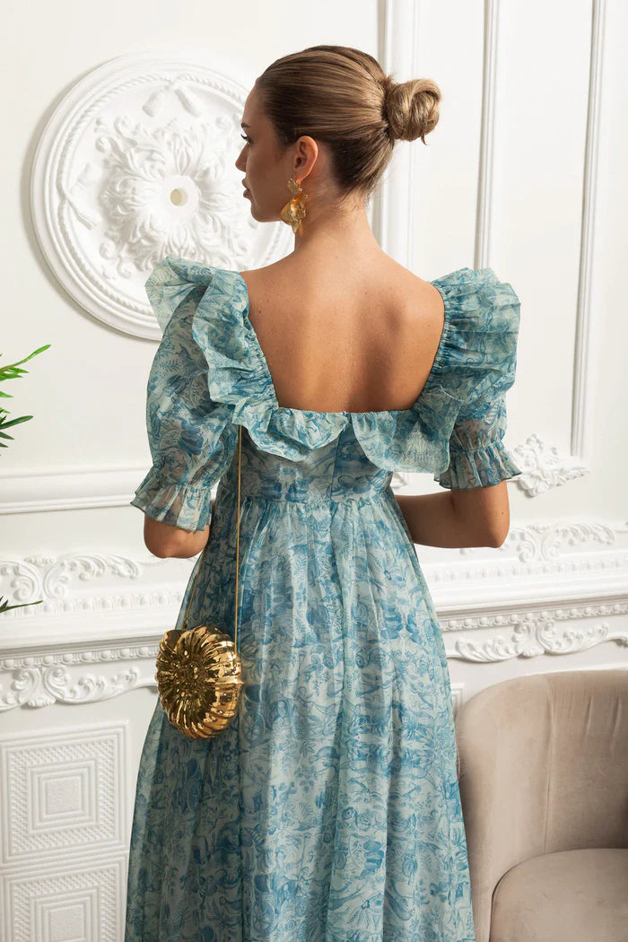Vestido Runway – Floral Elegante com Mangas Bufantes, Babados em Camadas e Estilo Princesa para Festa