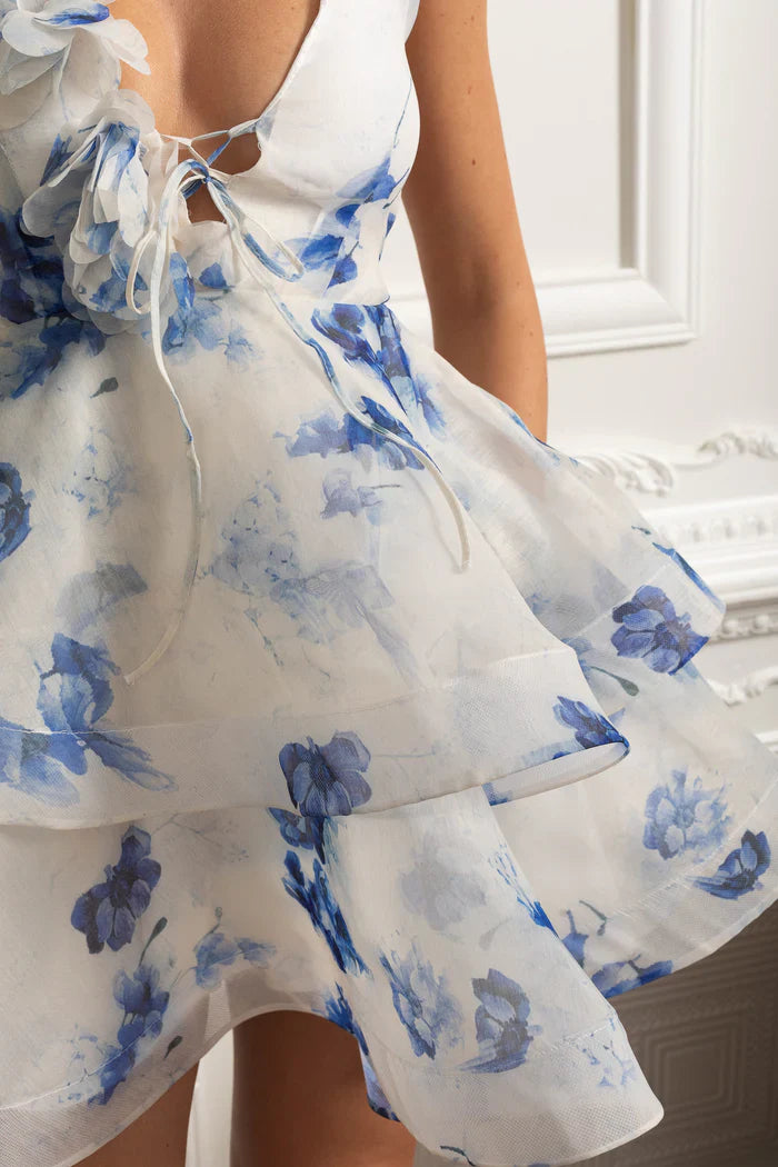 Vestido – Estilo Elegante, Decote V, Alças Finas, Sem Manga, Costas Abertas com Amarração, Estampa Moderna