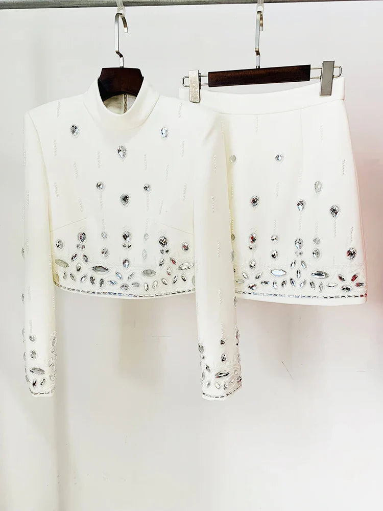 Conjunto Bordado Com cristais - Saia e Blusa gola