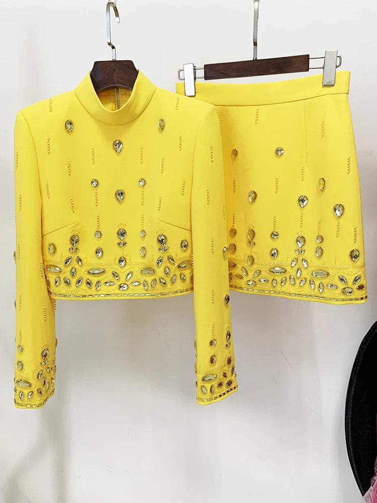 Conjunto Bordado Com cristais - Saia e Blusa gola