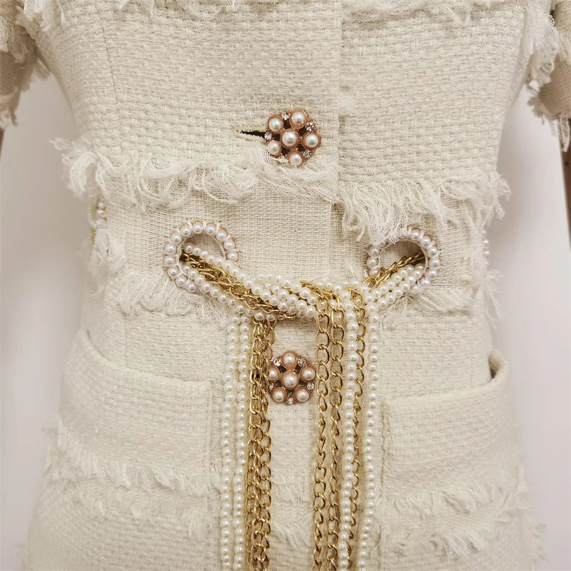 Vestido Tweed Com Cinto pérolas