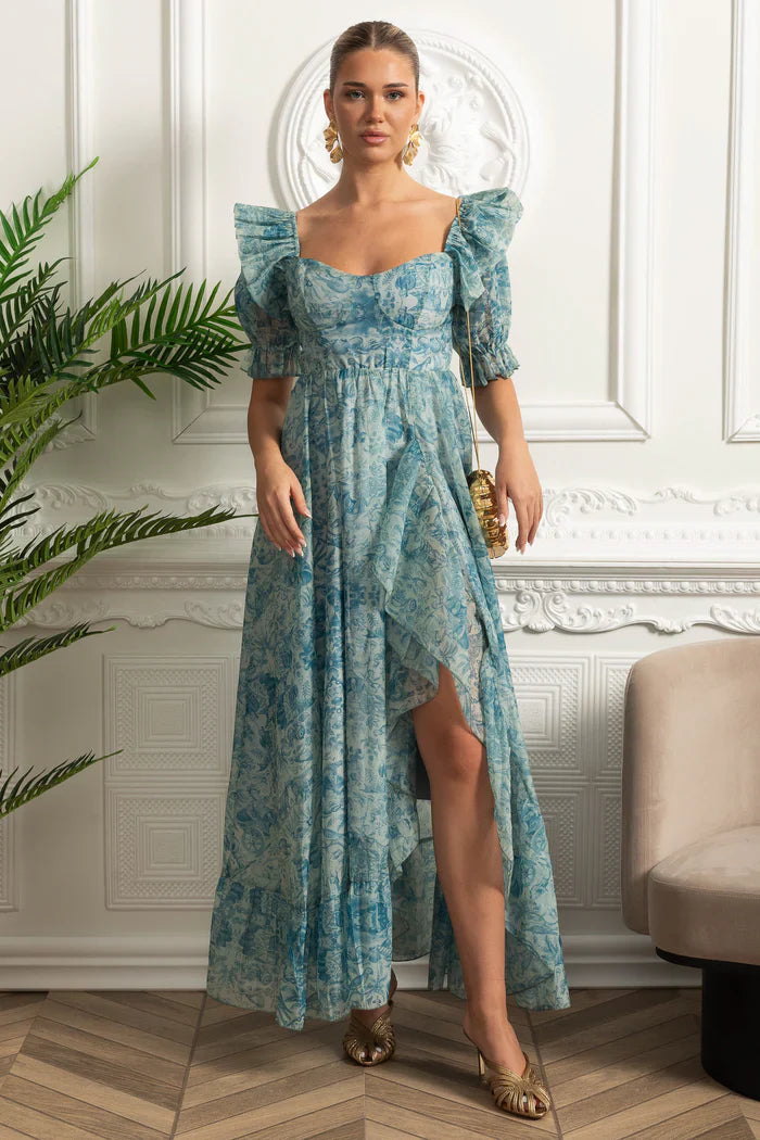 Vestido Runway – Floral Elegante com Mangas Bufantes, Babados em Camadas e Estilo Princesa para Festa