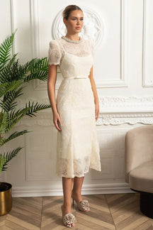 Vestido Longo – Luxo, Bordado em Renda, Detalhes com Diamantes e Cristais, Manga Curta Transparente, Modelo Midi