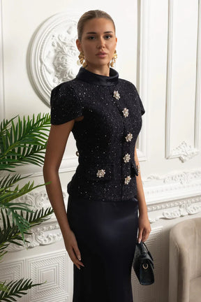 Vestido Longo – Maxi Luxo, Cristal e Cetim Tweed, Azul