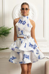 Conjunto – Top Estampado Sem Mangas  + Saia Curta Plissada de Cintura Alta