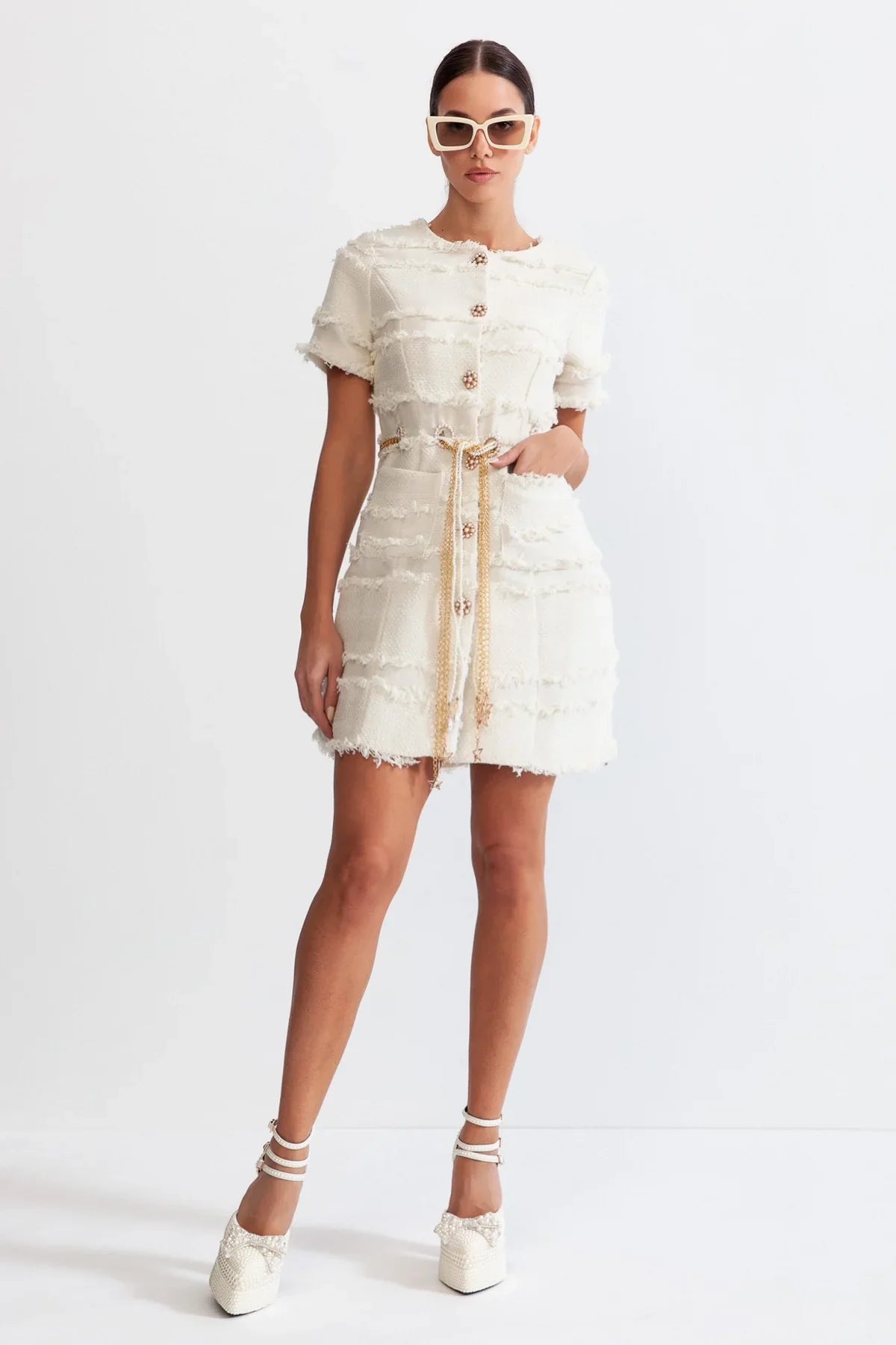 Vestido Tweed Com Cinto pérolas
