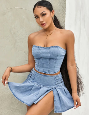 Conjunto Jeans Lesty com Cropped e Saia
