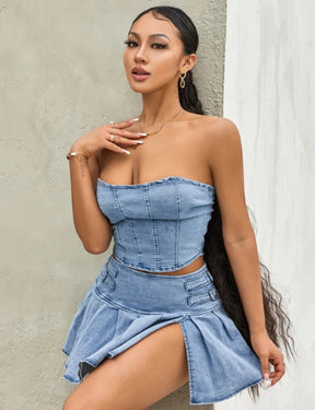 Conjunto Jeans Lesty com Cropped e Saia