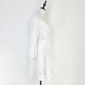 Vestido Lehor – Bordado com Strass, Mangas Lanternas Longas e Botões de Strass
