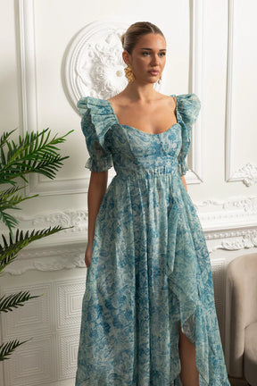Vestido Runway – Floral Elegante com Mangas Bufantes, Babados em Camadas e Estilo Princesa para Festa