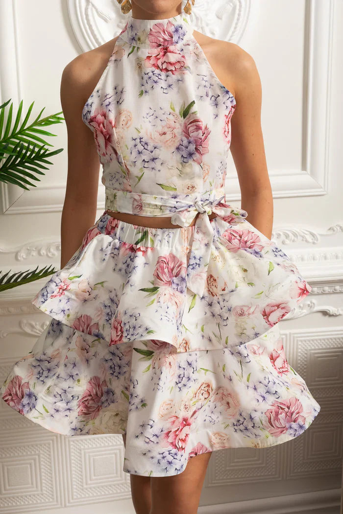 Conjunto – Top Estampado Sem Mangas  + Saia Curta Plissada de Cintura Alta