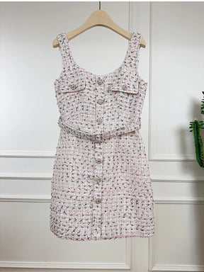 Vestido de Alça em Tweed com Cinto – Elegância e Toque Romântico