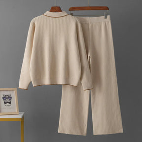 Conjunto Feminino - Estilo Francês em Tricô com Gola Polo e Calça Longa